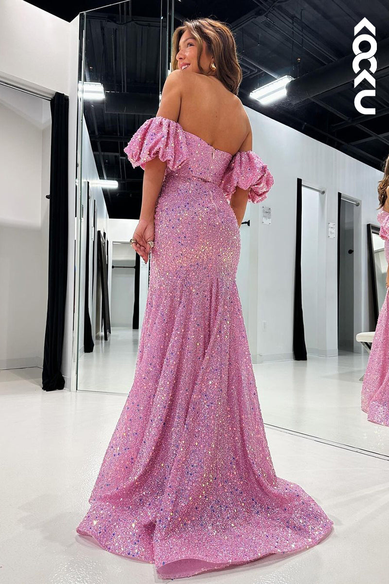 L2669 - Gorgeous & Charming Sweetheart Cap Sleeves Side Slit Mermaid Sequins Prom Dress