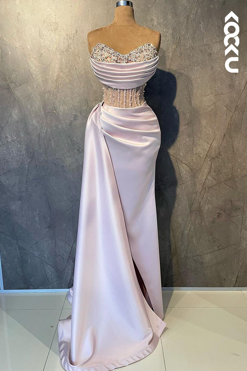 L2416 - Elegant & Luxurious V-Neck Sleeveless Ruched Floral Embroidered Slit Prom Dress With Rhinestones V-Neck Sleeveless Ruched Floral Embroidered Slit Prom Dress