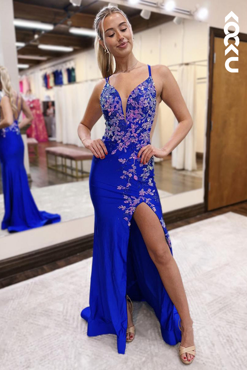 L2578 - Couture & Ornate  V-neck Spaghetti Straps Side Slit Appliqued Evening Prom Dress