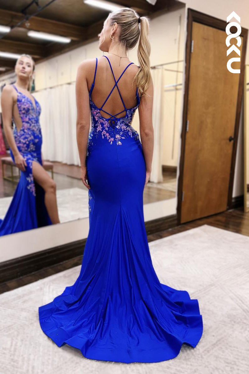 L2578 - Couture & Ornate  V-neck Spaghetti Straps Side Slit Appliqued Evening Prom Dress