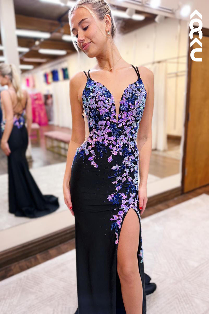 L2578 - Couture & Ornate  V-neck Spaghetti Straps Side Slit Appliqued Evening Prom Dress