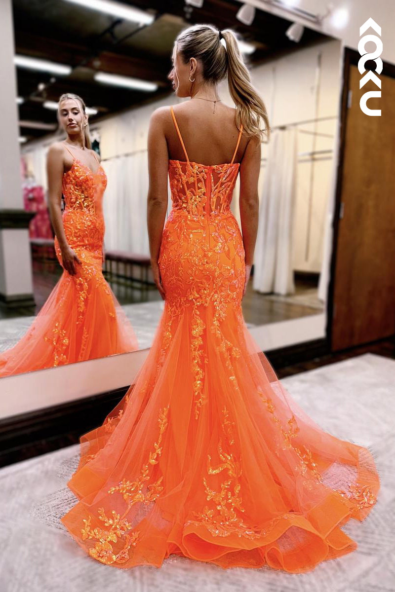 L2599 - Chic Lace Applique V-neck Straps Mermaid Evening Party Prom Dress