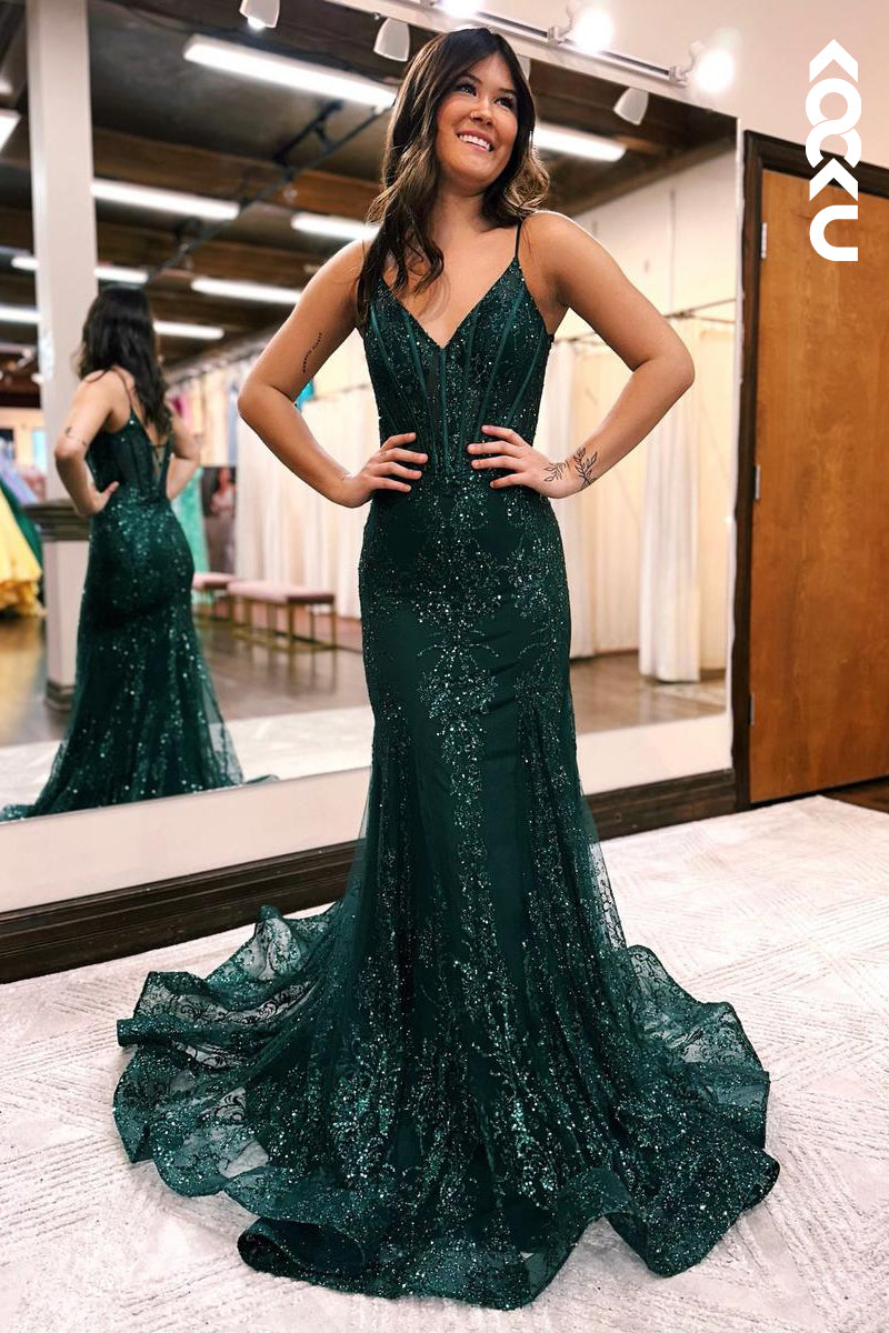 L2594 - Classic & Timeless Spaghetti Straps V-neck Mermaid Trumpet Sequins Party Prom Dress