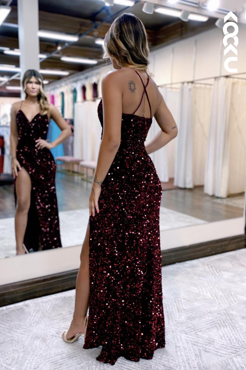 L2621 - Couture & Ornate V-Neck Spaghetti Straps Sheath Sequins Sparkly Party Prom Dress