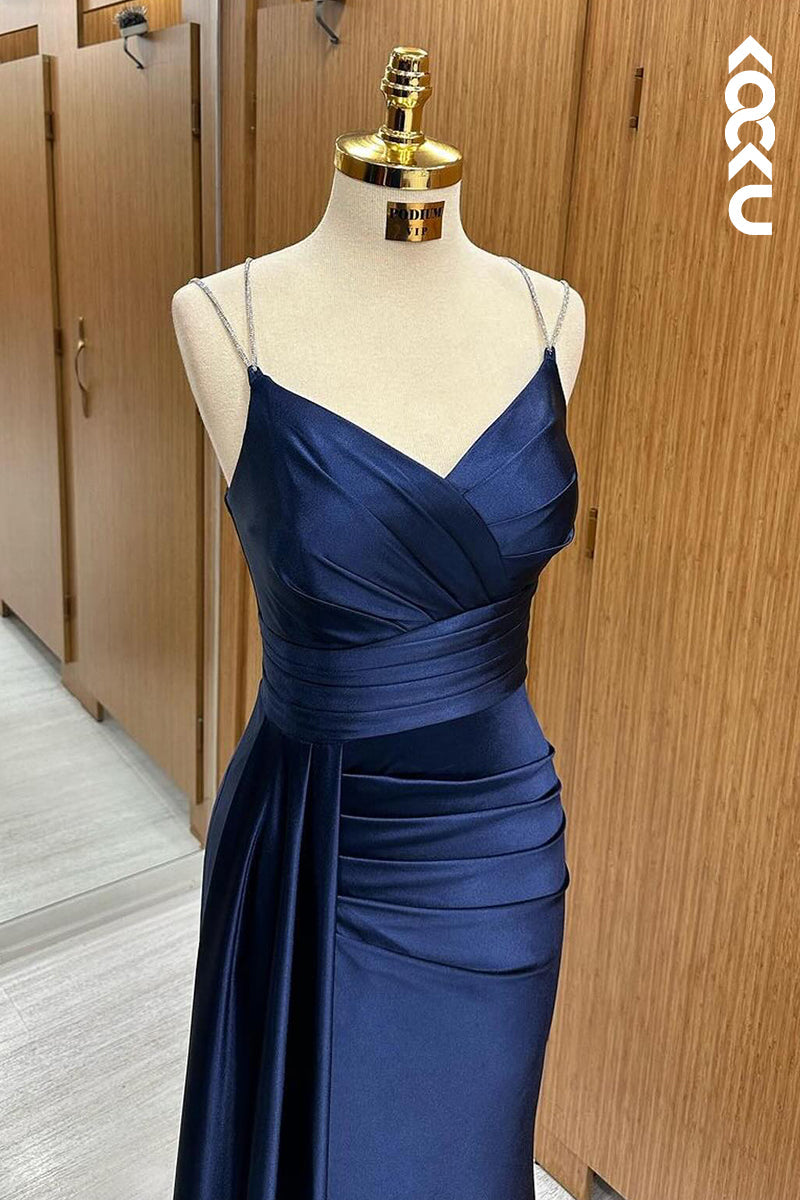 L2854 - Simple & Casual Spaghetti Straps V-Neck Sleeveless Ruched Sheath Party Prom Dress