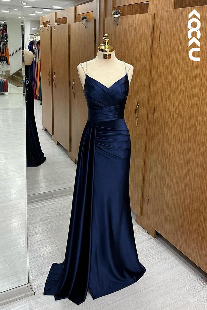 L2854 - Simple & Casual Spaghetti Straps V-Neck Sleeveless Ruched Sheath Party Prom Dress