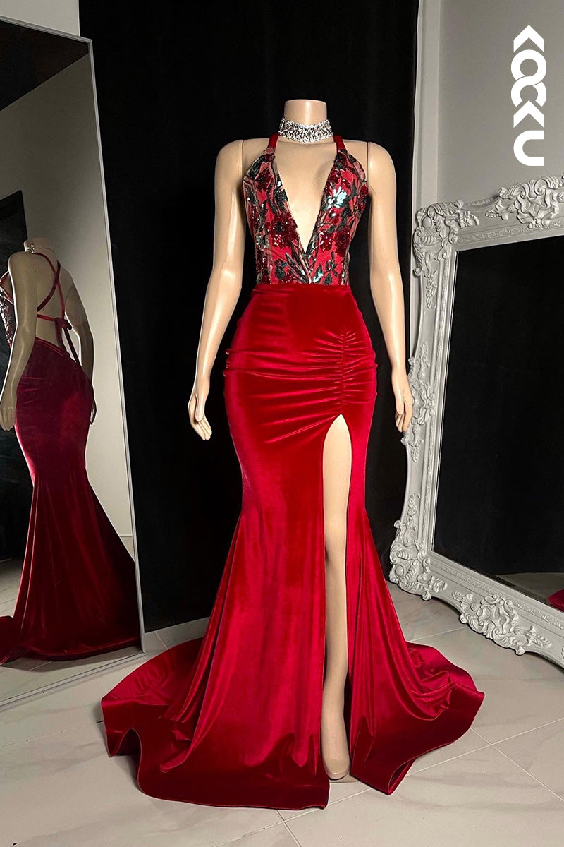 L2797 - Sexy & Hot Halter V-neck Sleeveless Criss-Cross Straps Mermaid Slit Ruched Prom Dress
