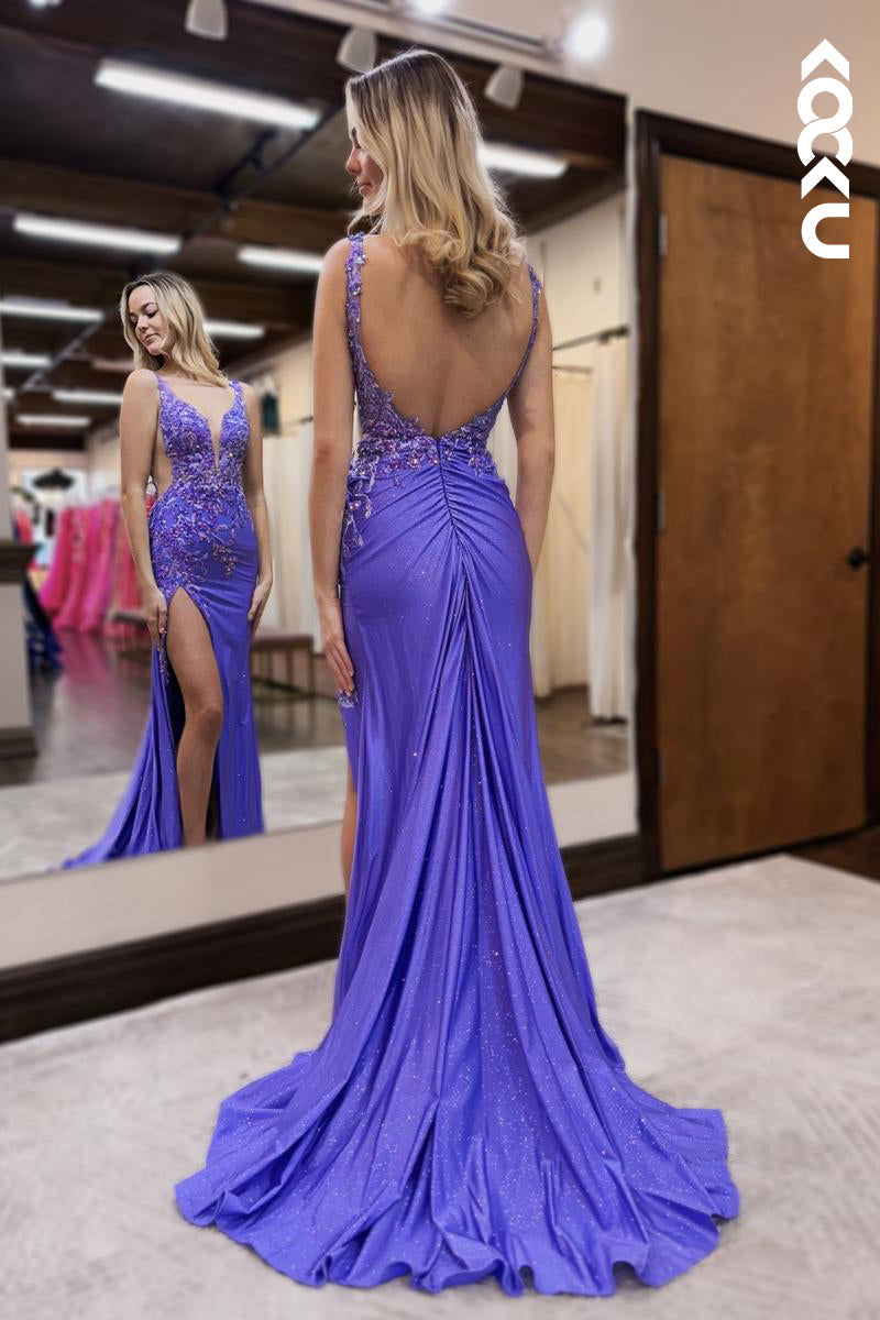 L2624 - Gorgeous & Charming V-neck Open Back Slit Sleeveless Party Prom Dress With Applique