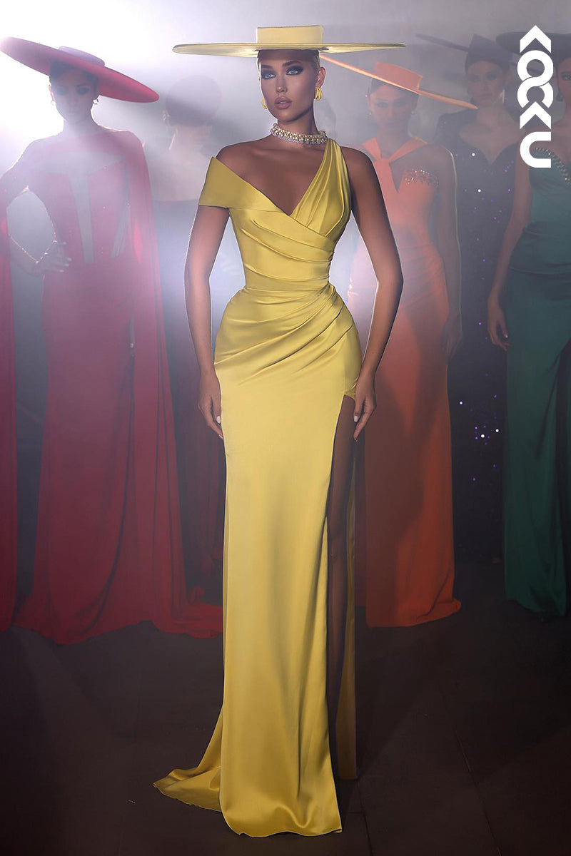 L2722 - Sheath/Column Classic One shoulder Cap Sleeves Ruched Party Prom Dress