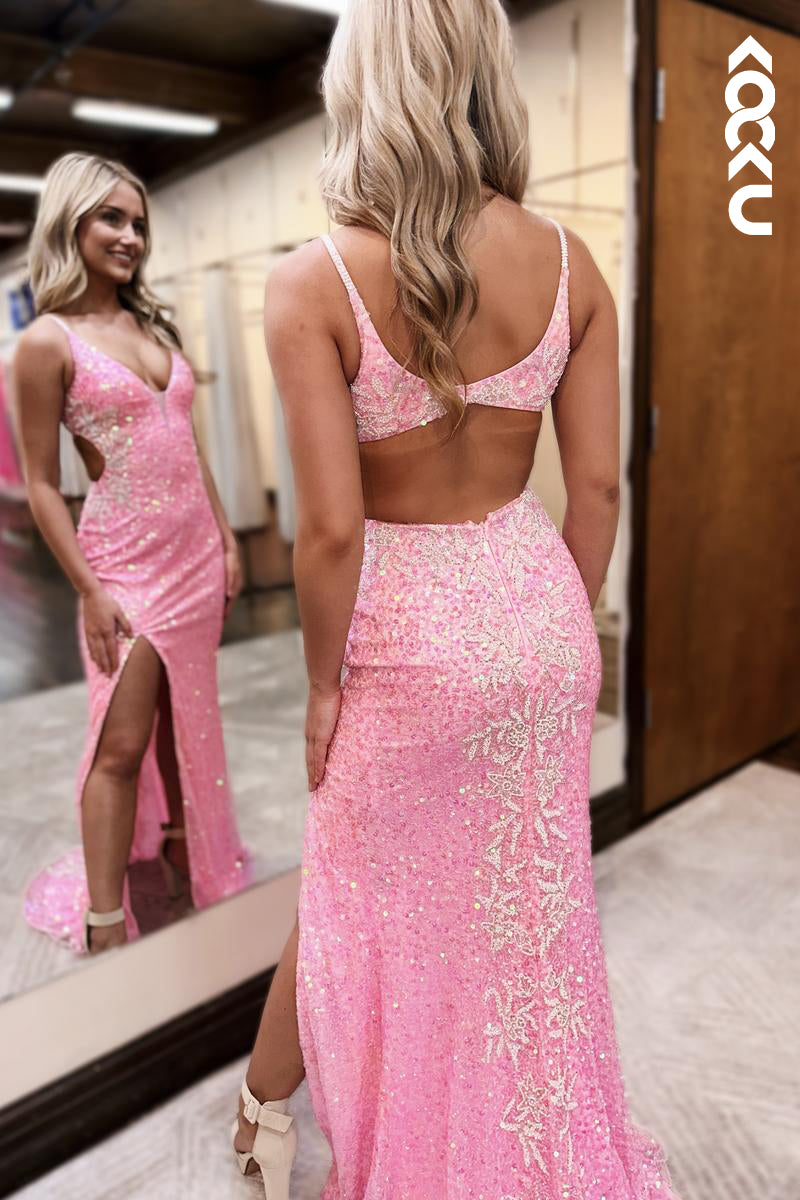 L2749 - Chic & Modern Spaghetti Straps V-neck Backless Slit Sheath Sequins Prom Dress