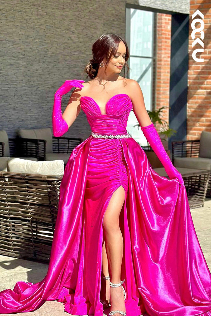 L2960 - Sexy & Hot V-Neck Sleeveless Ruched Side Slit Party Prom Dress