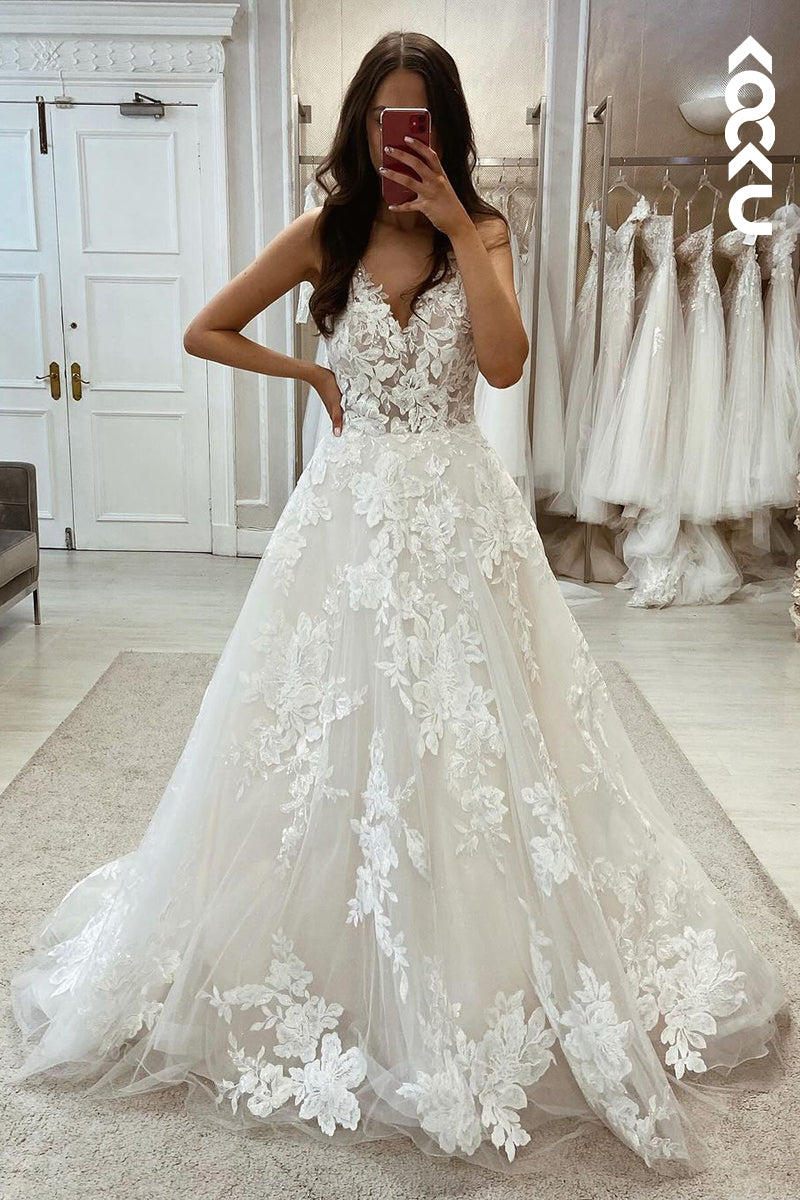 K1996 - Gorgeous & Charming  V-neck Straps A-line Applique Tulle Wedding Dress