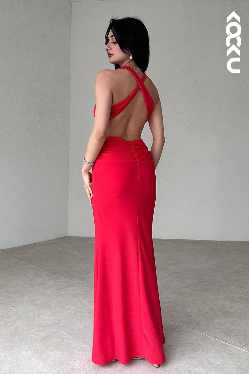 L2950 - Simple & Casual Sheath/Column V-neck Sleeveless Halter Criss-Cross Straps Prom Dress