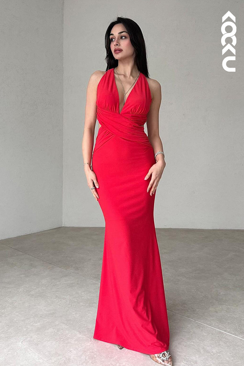 L2950 - Simple & Casual Sheath/Column V-neck Sleeveless Halter Criss-Cross Straps Prom Dress