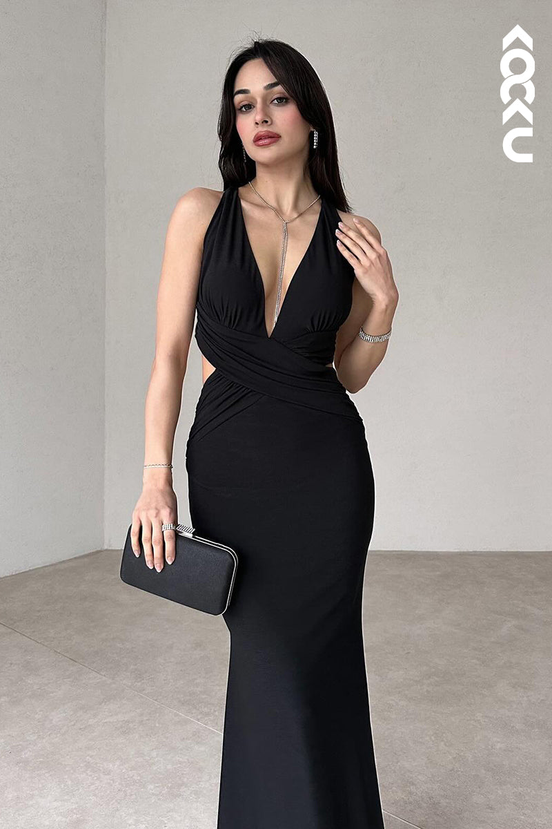 L2950 - Simple & Casual Sheath/Column V-neck Sleeveless Halter Criss-Cross Straps Prom Dress