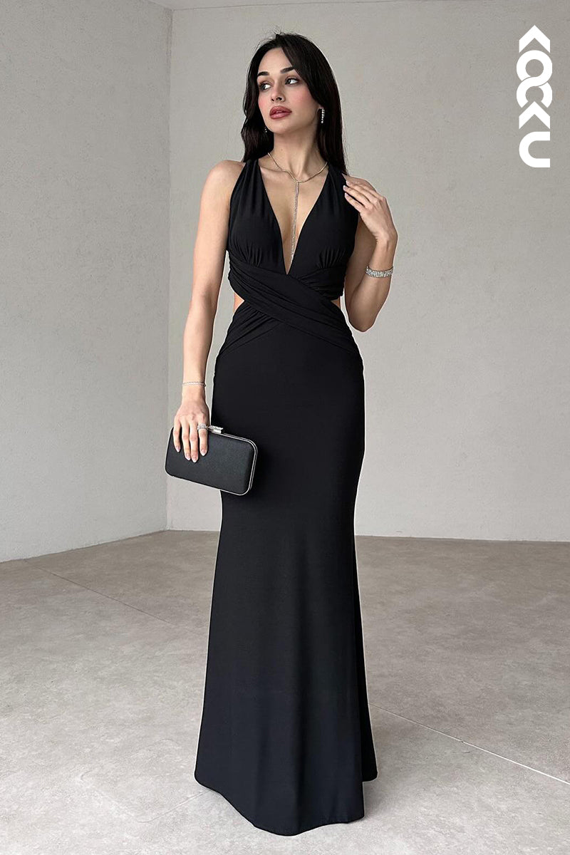 L2950 - Simple & Casual Sheath/Column V-neck Sleeveless Halter Criss-Cross Straps Prom Dress