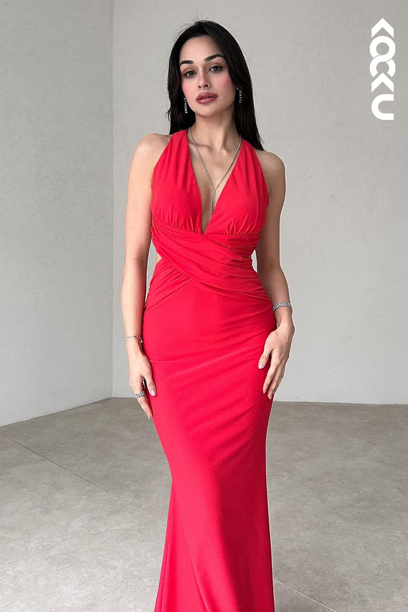 L2950 - Simple & Casual Sheath/Column V-neck Sleeveless Halter Criss-Cross Straps Prom Dress