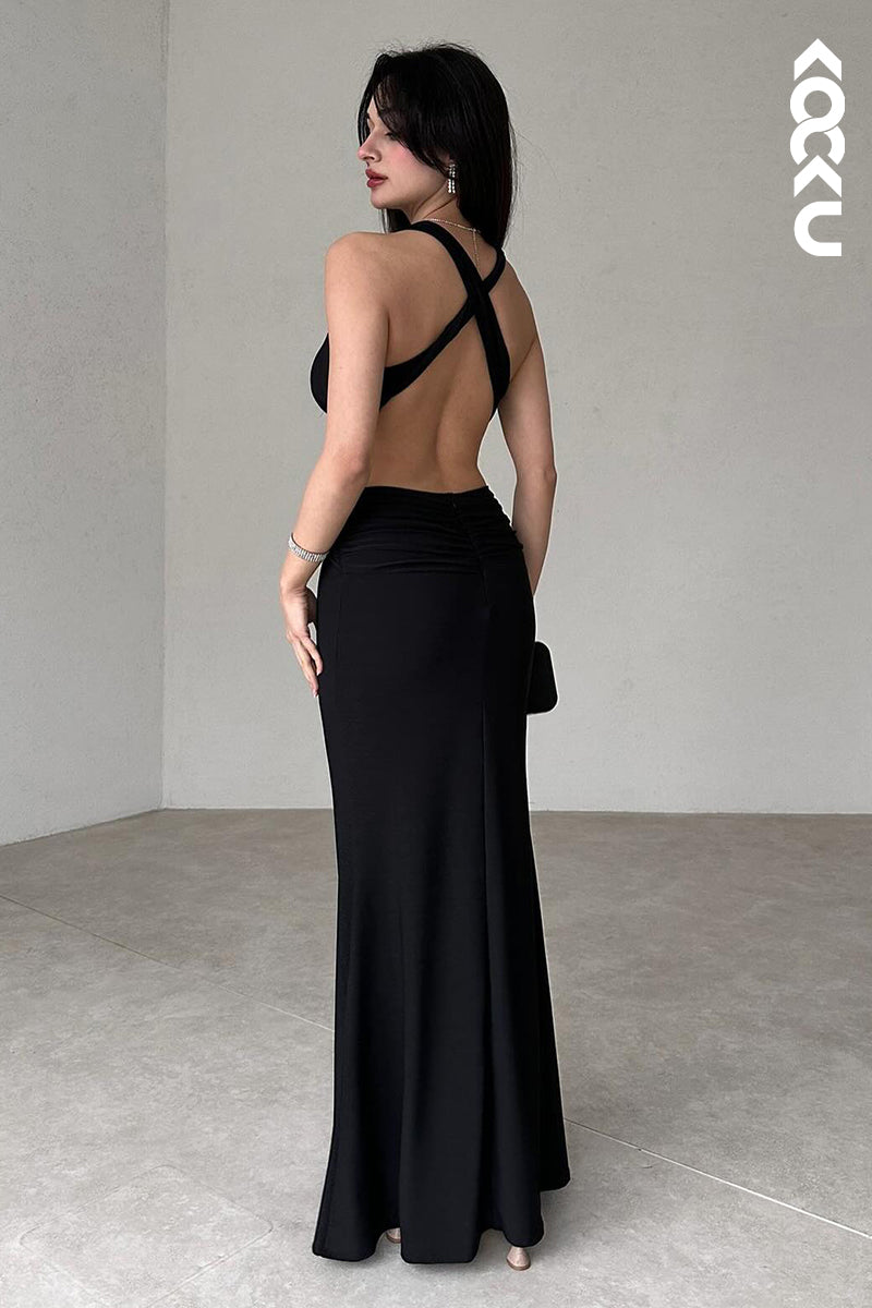 L2950 - Simple & Casual Sheath/Column V-neck Sleeveless Halter Criss-Cross Straps Prom Dress