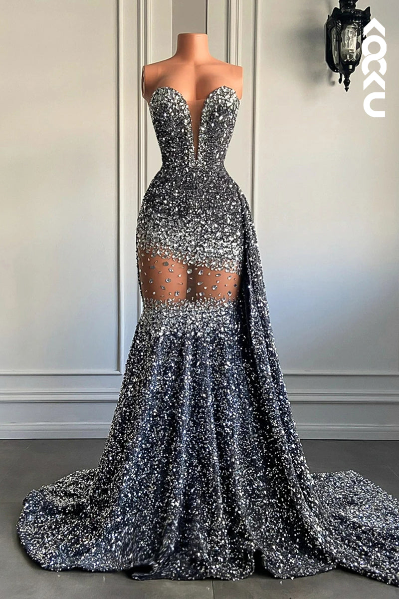 L2828 - Sexy & Hot Fully Sequins V-neck Sleeveless Ruffles Mermaid Evening Party Prom Dress