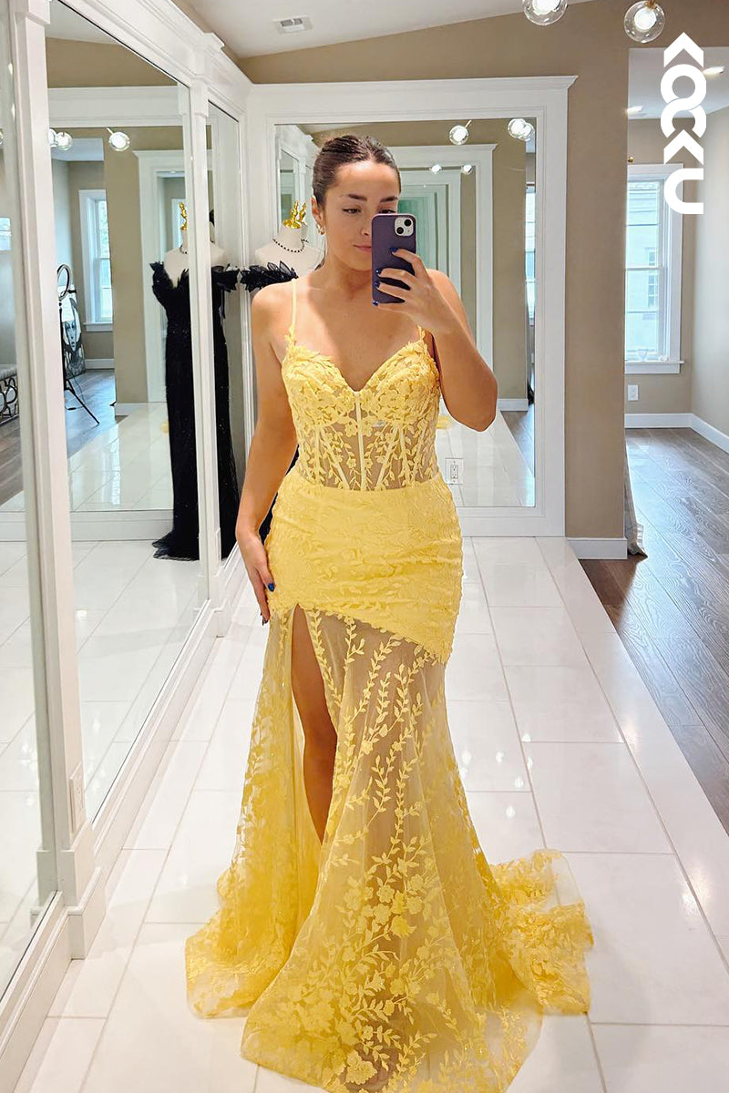 L2810 - Elegant & Luxurious Spaghetti Straps V-neck Mermaid Side Slit Lace Applique Prom Dress