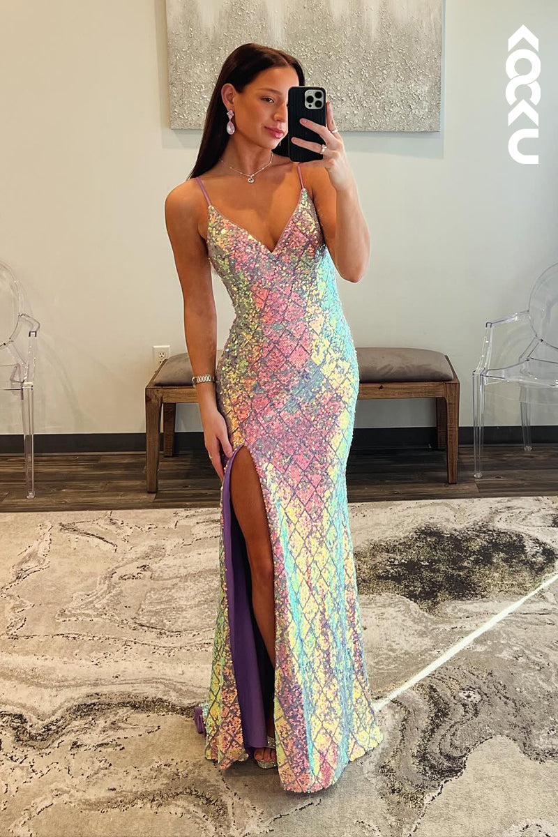 L2631 - Glamorous & Dramatic Spaghetti Straps V-neck Sheath Sparkly Evening Party Prom Dress