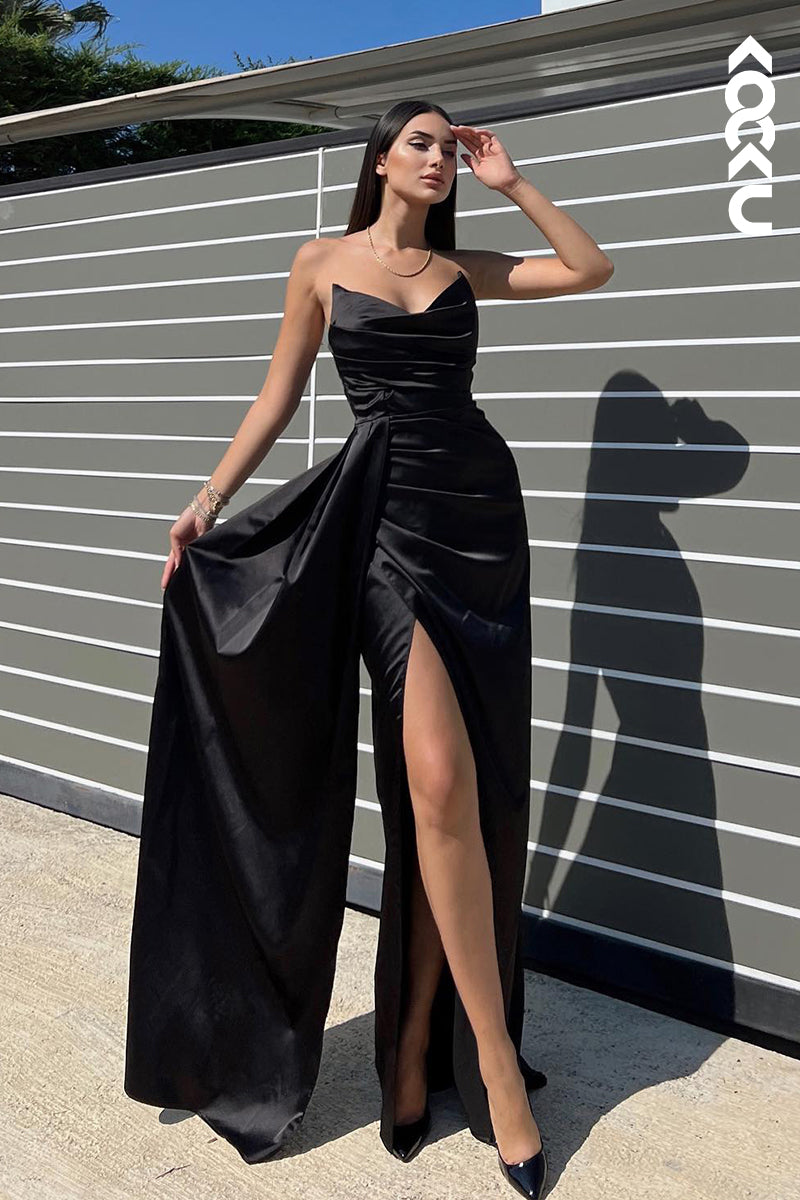 L2978 - Chic & Modern Sheath/Column Ruched V-Neck Side Slit Sleeveless Prom Dress
