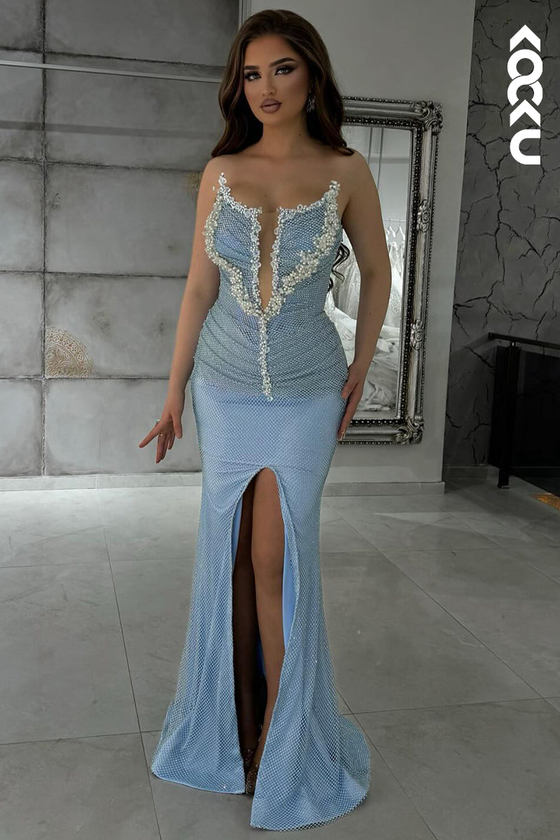 L2937 - Elegant & Luxurious Fully Beaded Pearls Deep V-Neck Side Slit Sleeveless Prom Dress