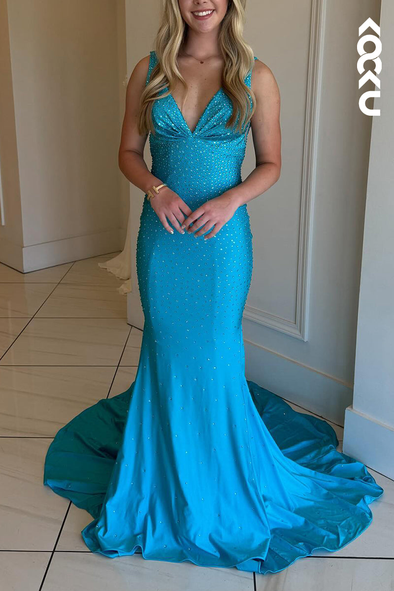 L3027 - Chic & Modern V-Neck Sleeveless Mermaid Fully Beaded Evening Party Prom Dress