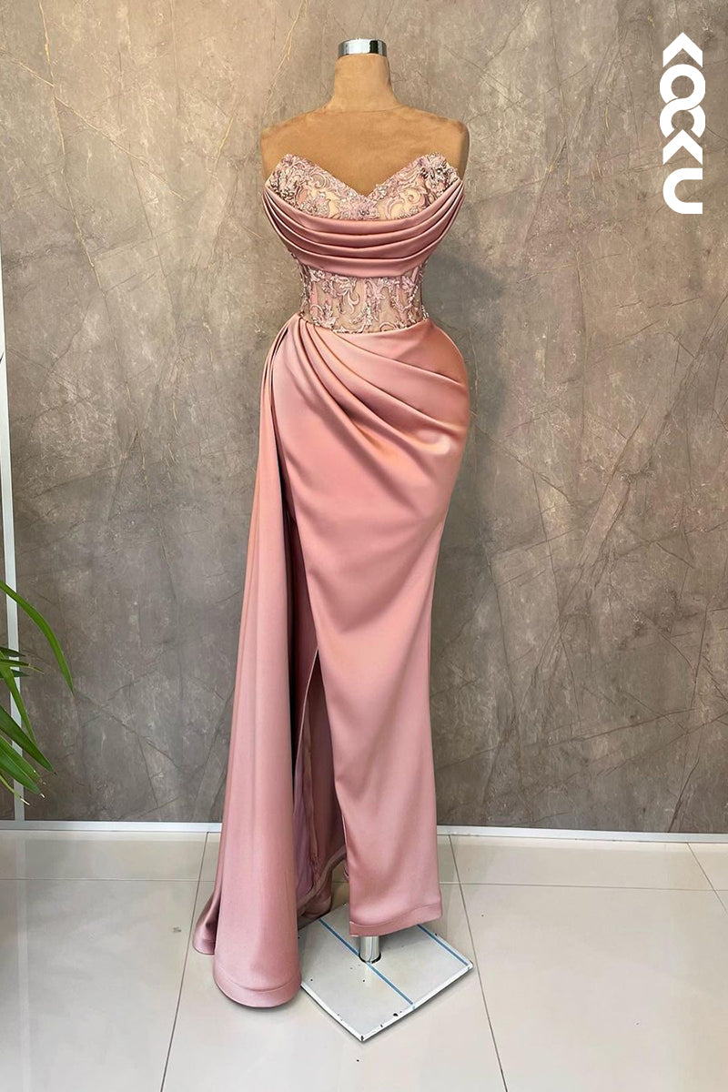 L2415 - Elegant & Luxurious V-Neck Sleeveless Ruched Floral Embroidered Slit Prom Dress