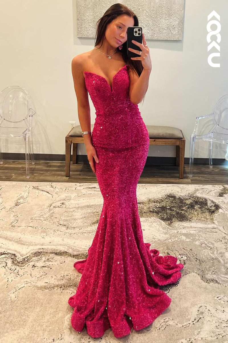 L2630 - Gorgeous & Charming  V-Neck Sleeveless Mermaid Sparkly Sequins Party Prom Dress