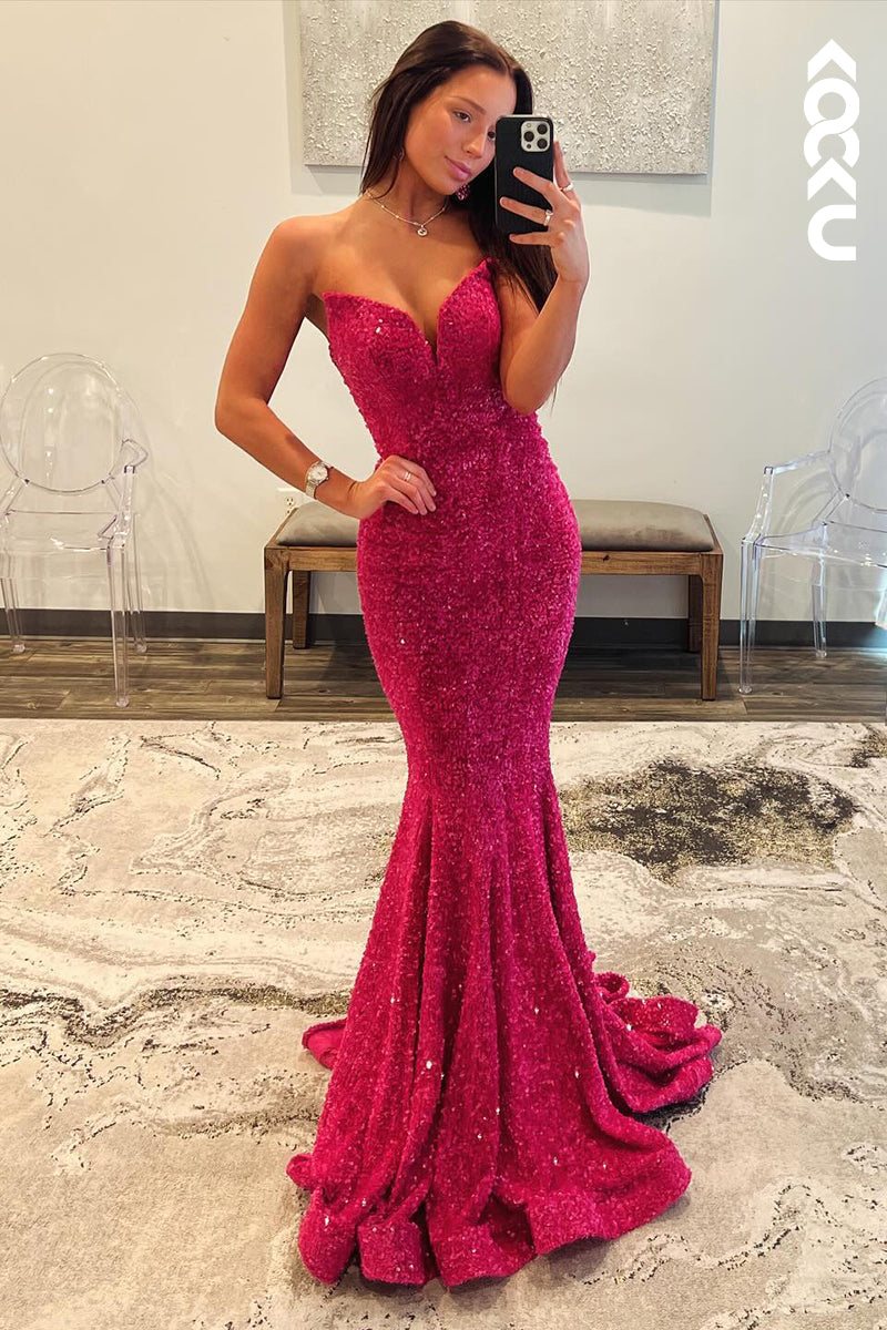 L2630 - Gorgeous & Charming  V-Neck Sleeveless Mermaid Sparkly Sequins Party Prom Dress
