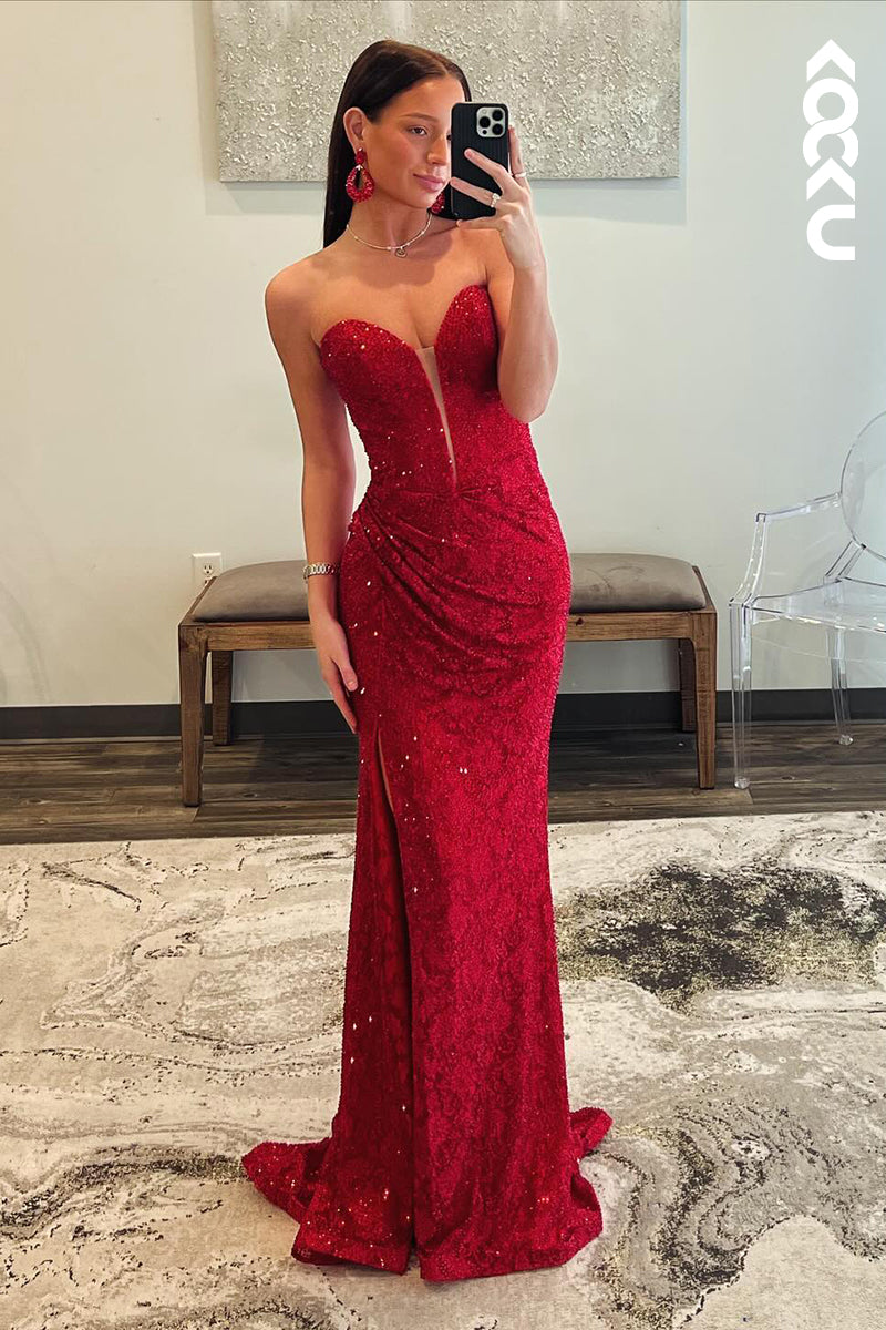 L2714 - Glamorous & Dramatic Deep V-Neck Sleeveless Sparkly Trumpet Prom Dress With sLIT