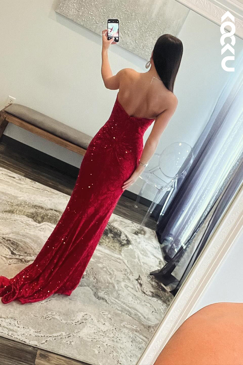 L2714 - Glamorous & Dramatic Deep V-Neck Sleeveless Sparkly Trumpet Prom Dress With sLIT