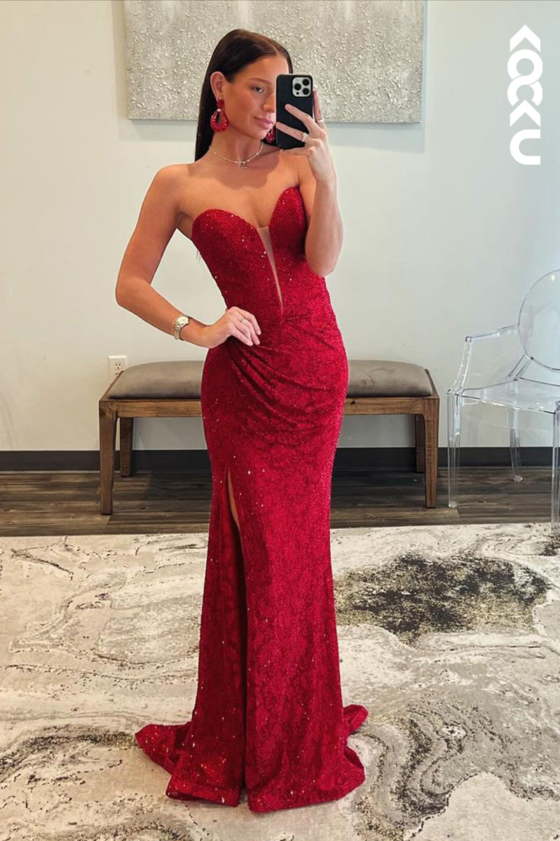 L2714 - Glamorous & Dramatic Deep V-Neck Sleeveless Sparkly Trumpet Prom Dress With sLIT