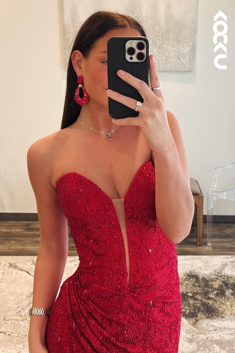 L2714 - Glamorous & Dramatic Deep V-Neck Sleeveless Sparkly Trumpet Prom Dress With sLIT