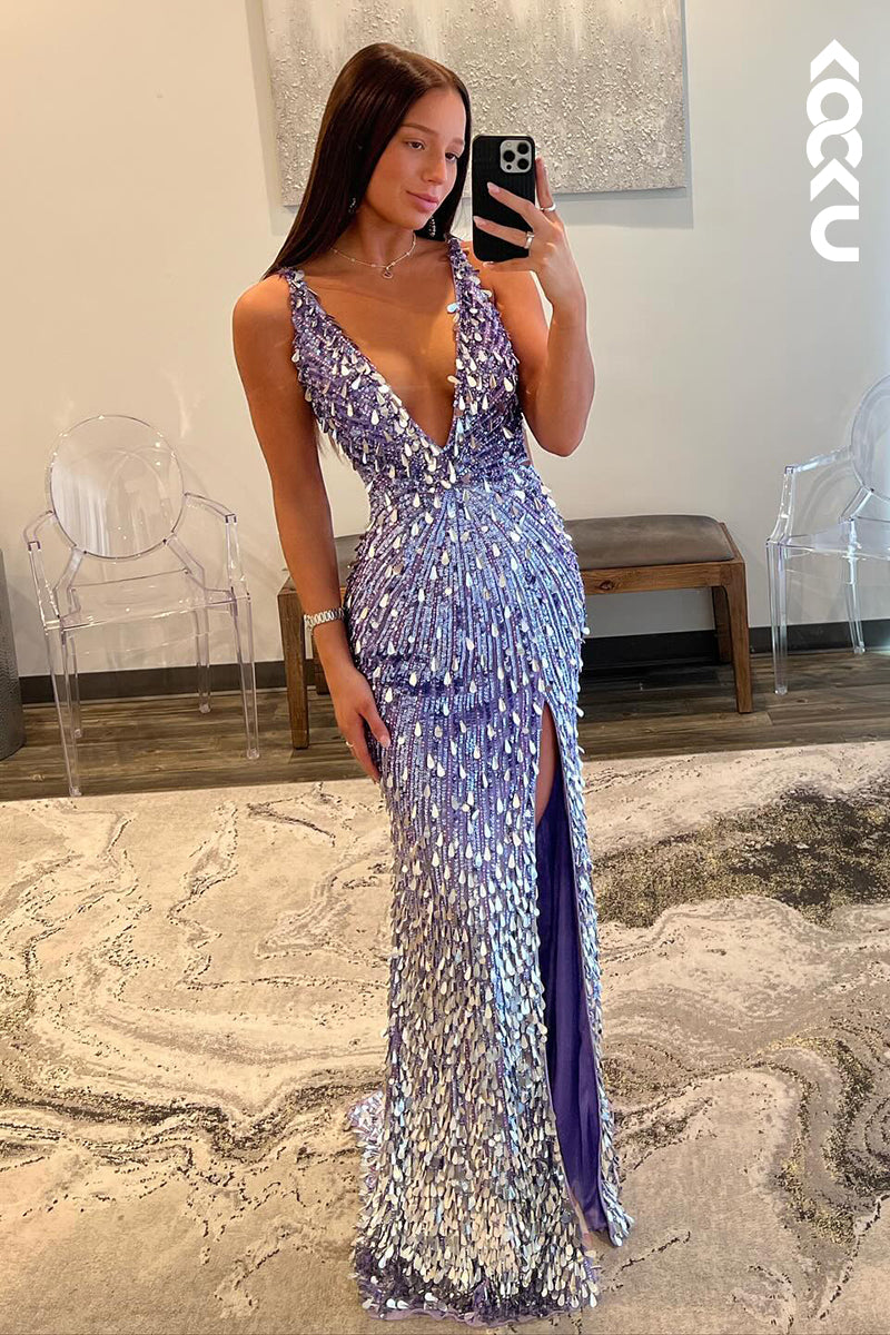 L2572 - Glamorous & Dramatic Shining Deep V-Neck Backless Sheath Side Slit Sequins Evening Patry Prom Dress