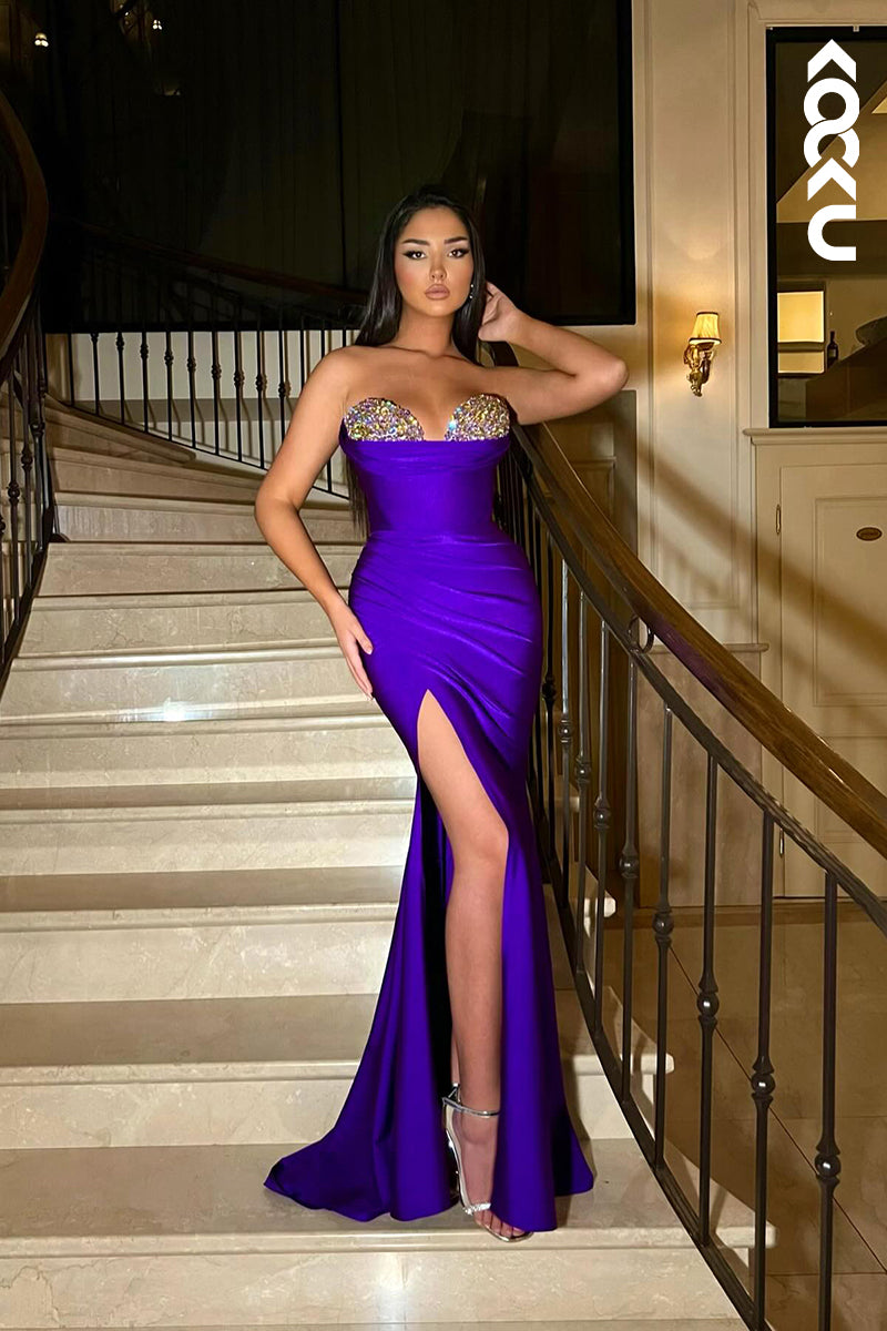 L2642 - Gorgeous & Charming Rhinestons Sweetheart Sleveless Sheath Side Slit Party Prom Dress