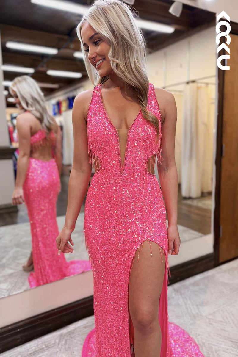 L2628 - Morden Low V-Neck Slit Sleeveless Sequins Backless Evening Party Prom Dress