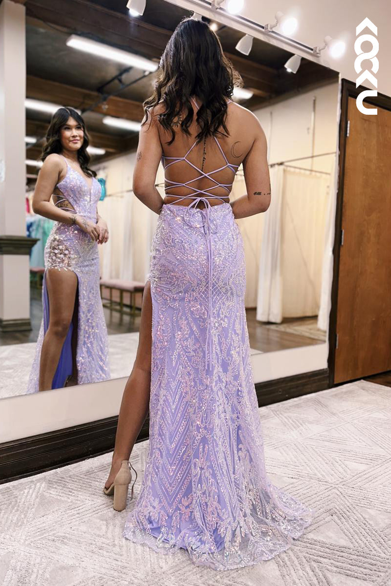 L2736 - Gorgeous & Charming Spaghetti Straps Deep V-Neck Sequins Evening Prom Dress