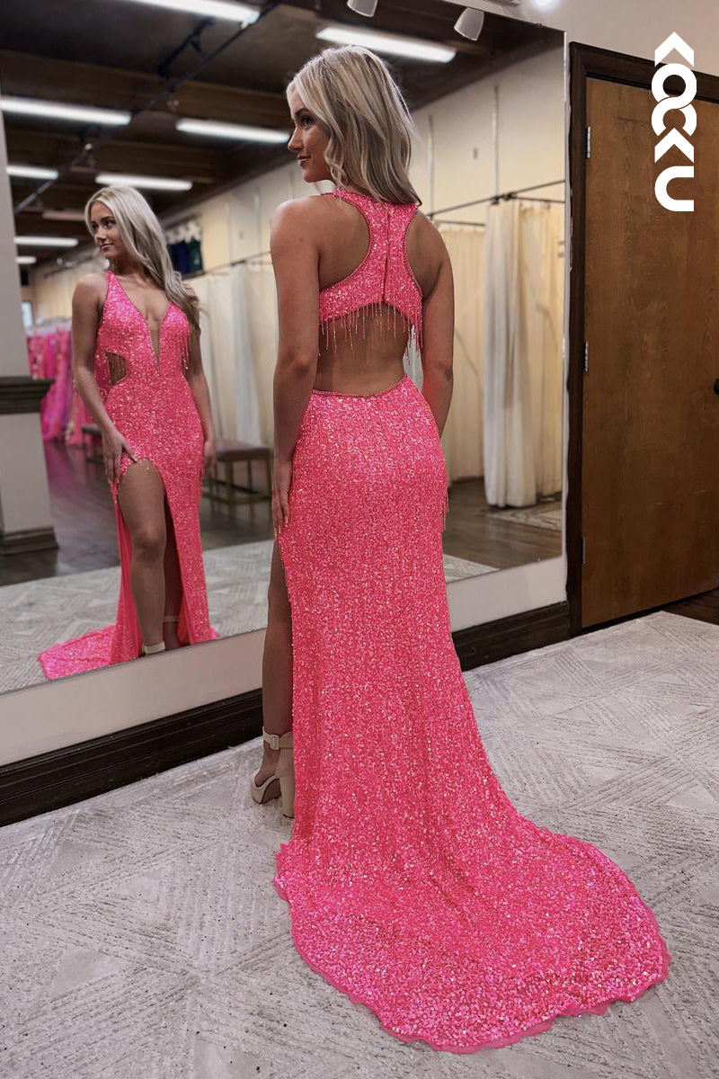 L2628 - Morden Low V-Neck Slit Sleeveless Sequins Backless Evening Party Prom Dress