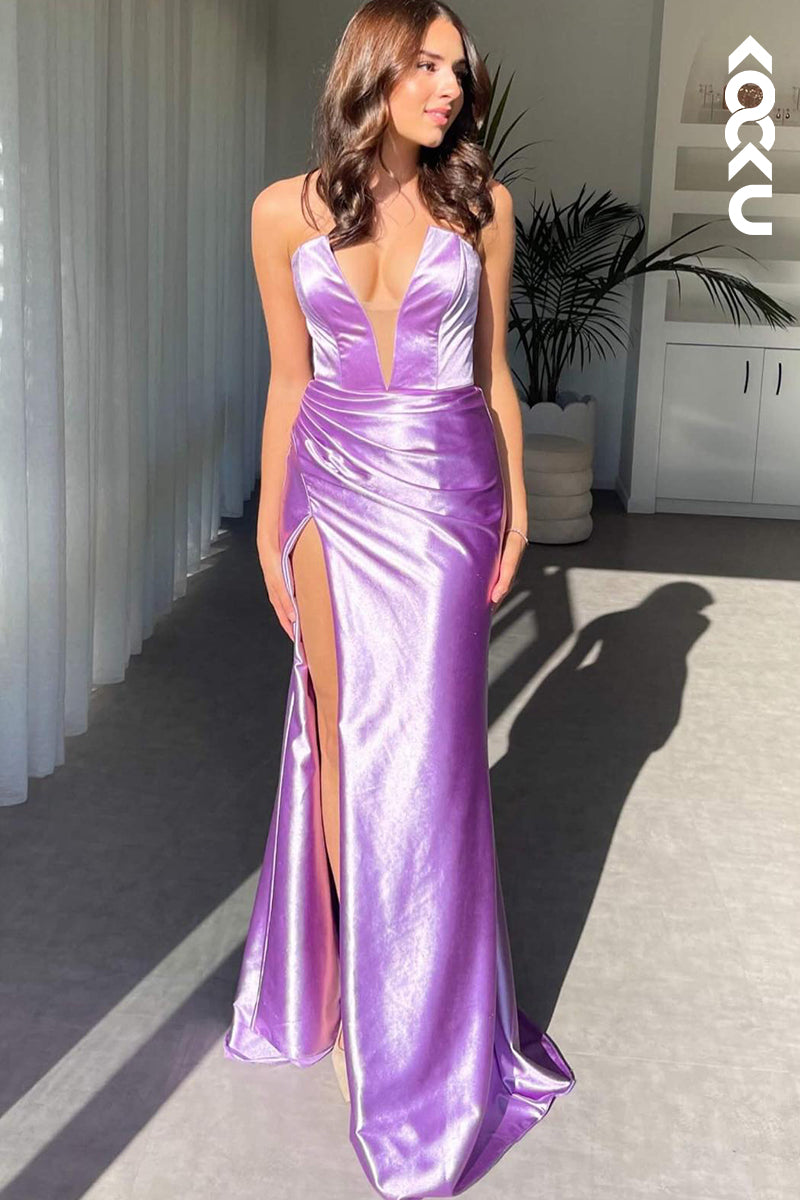 L2928 - Elegant & Luxurious Deep V-Neck Sleeveless Side Slit Sheath Criss-Cross Straps Prom Dress