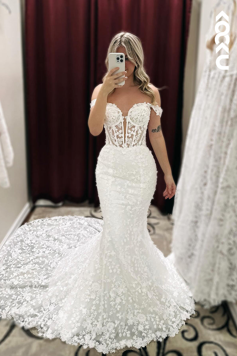 K1867 - Sexy & Elegant Deep V-Neck Cap Sleeves Mermaid Wedding Dress With Applique