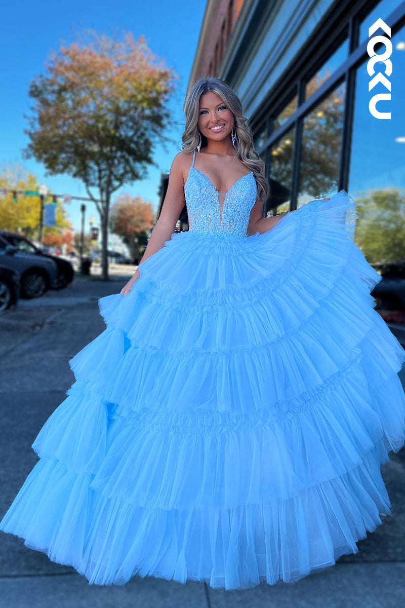 L2785 - Gorgeous & Charming Spaghetti Straps A-line V-neck Tulle Party Prom Dress With Applique
