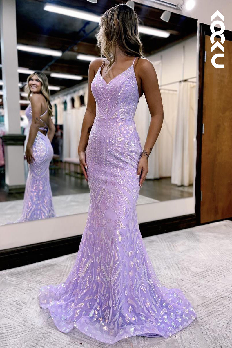 L2514 - Sparkly Purple Criss-Cross Straps Trumpet V-Neck Sequins Evening Party Prom Dress