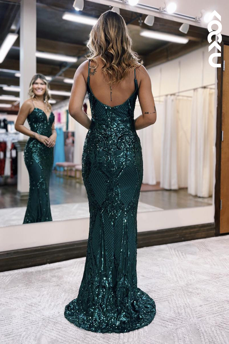 L2620 - Chic & Modern Spaghetti  Straps V-Neck Trumper Sparkly Evening Party Prom Dress