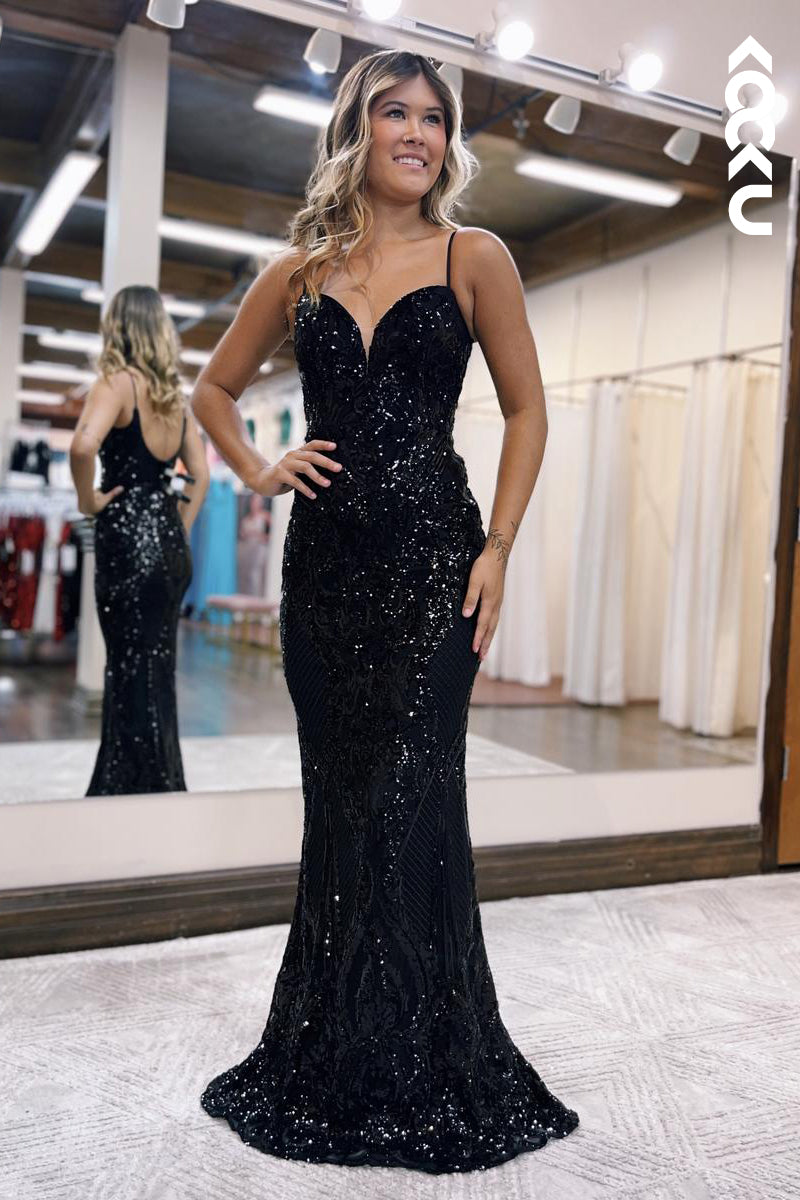 L2620 - Chic & Modern Spaghetti  Straps V-Neck Trumper Sparkly Evening Party Prom Dress