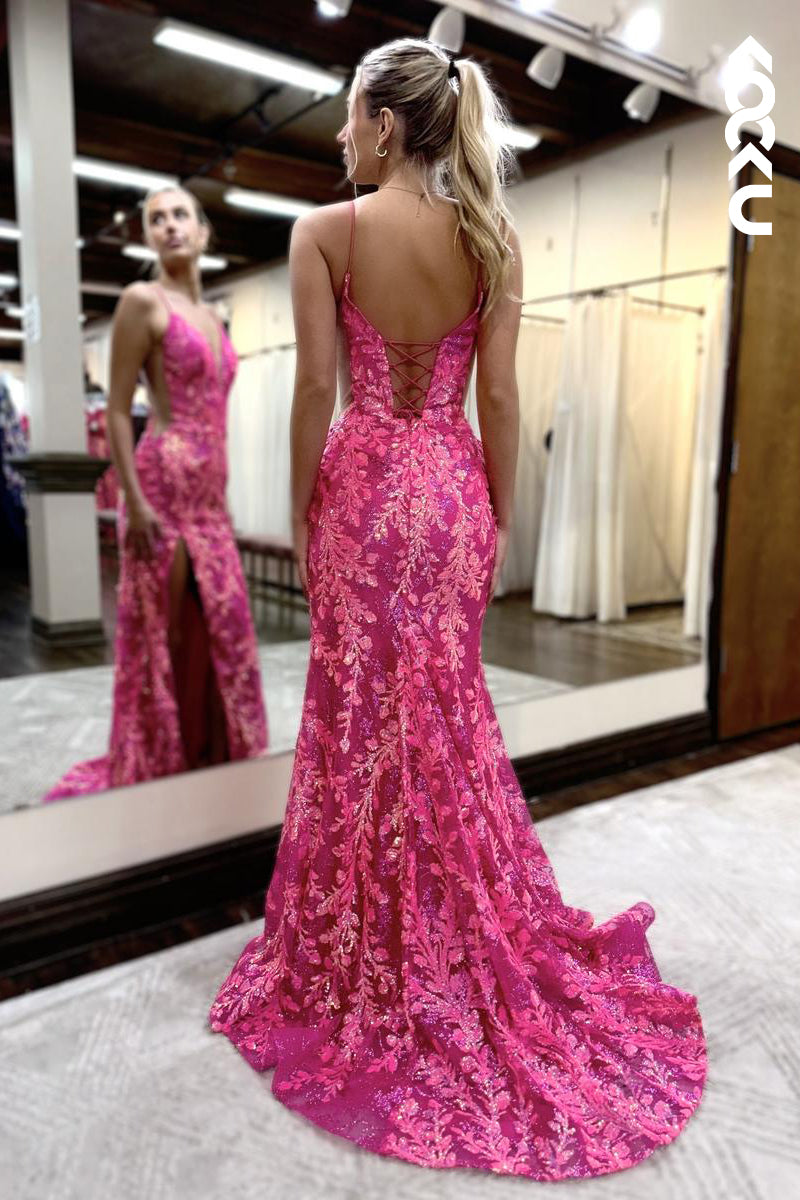 L2715 - Gorgeous & Charming Spaghetti Straps V-Neck Mermaid Sequins Party Prom Dress