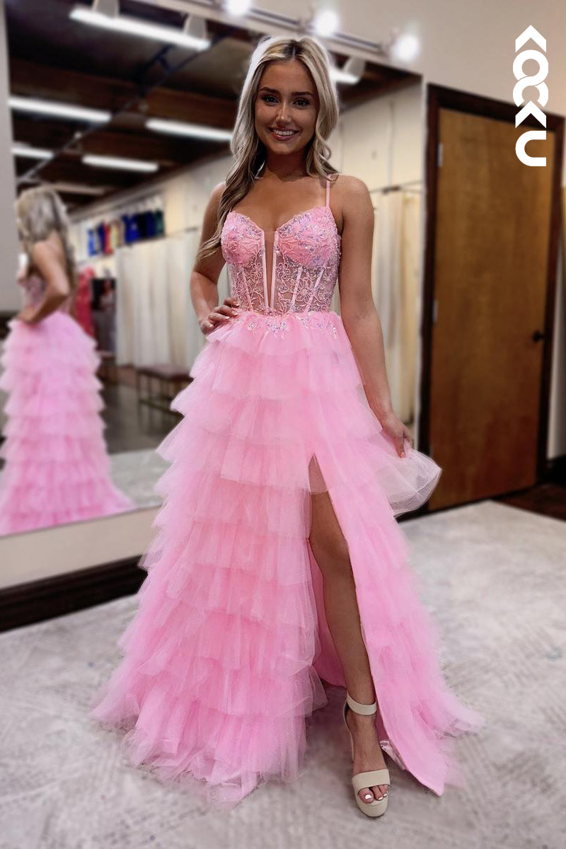 L2629 - Classic & Timeless Spaghetti Straps V-Neck A-line Side Slit Tulle Party Formal Prom Dress