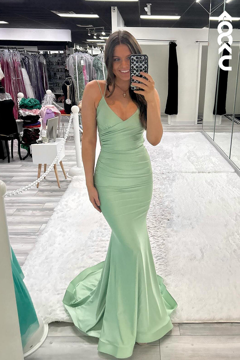 L2684 - Trumpet/Mermaid V-Neck Spaghetti Straps Simple Formal Party Prom Dress