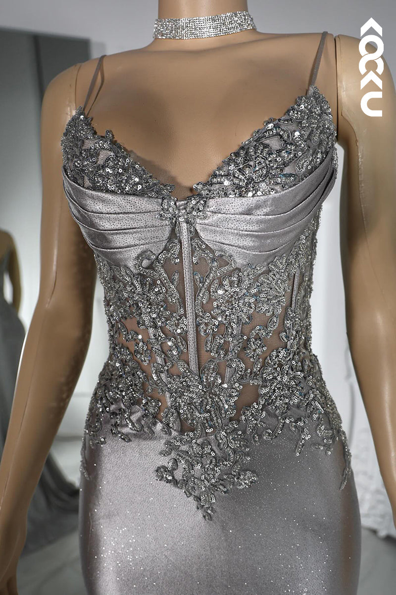 L2801 - Couture & Ornate Spaghetti Straps V neck Mermaid Sequins Evening Party Prom Dress